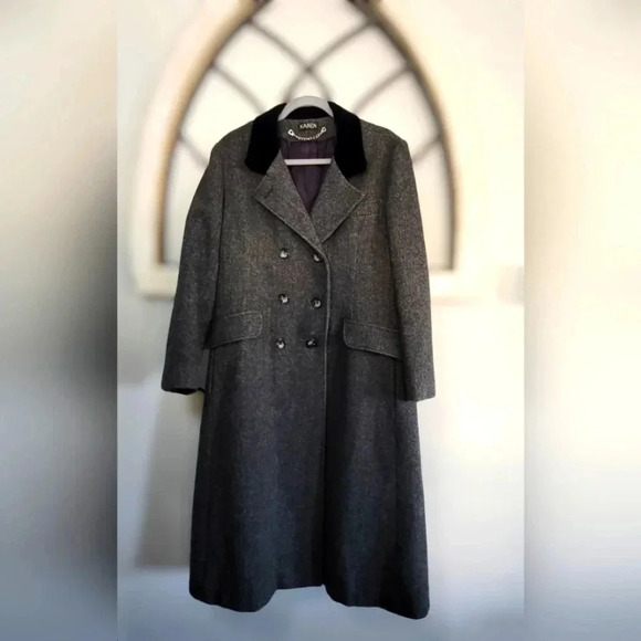 80's Vintage Karen, Charcoal Herringbone, Wool, Double Breasted, Car Coat Sz 14 - Picture 1 of 12